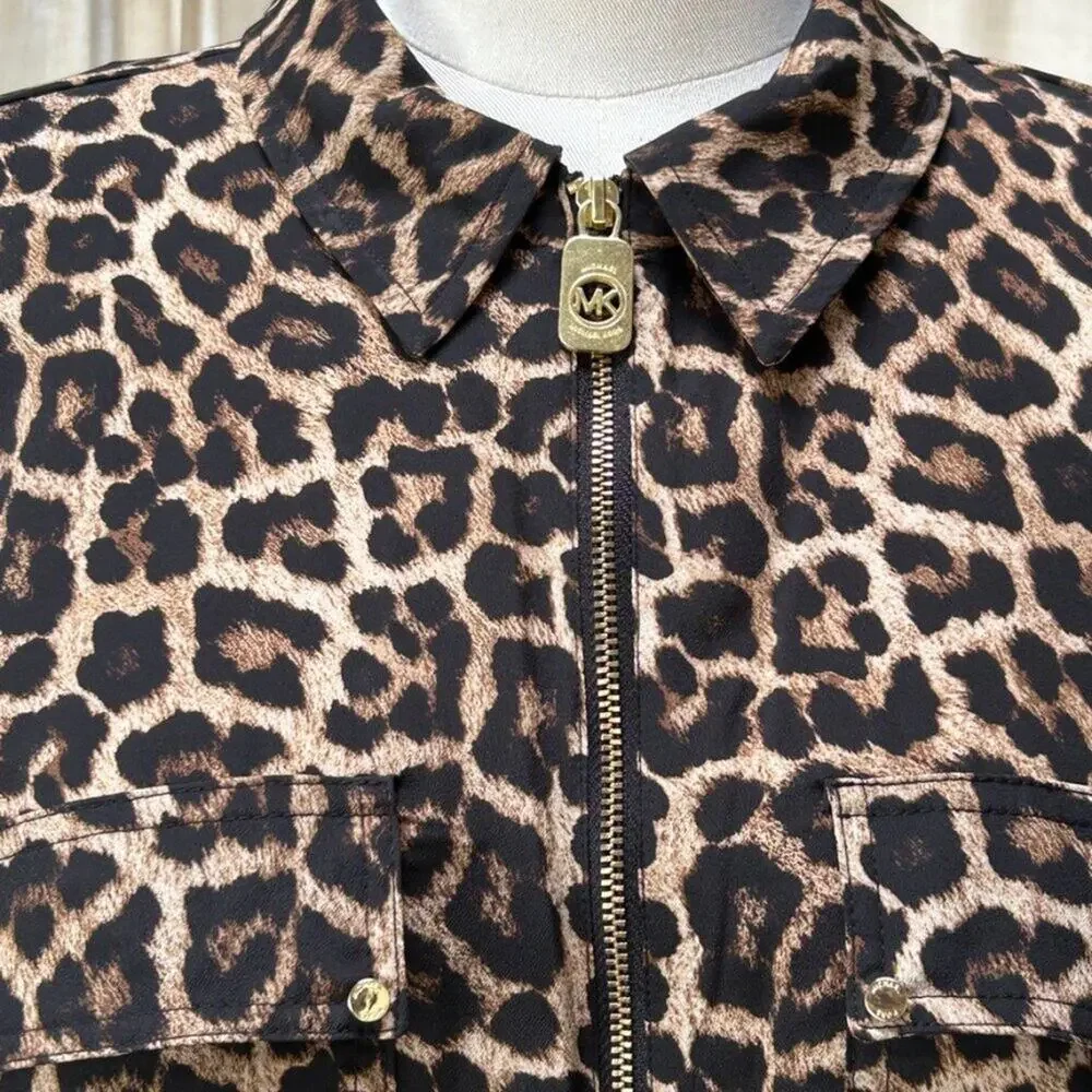 Michael Kors Leopard Animal Print Top Womens L Zip Up Blouse Lightweight Luxury